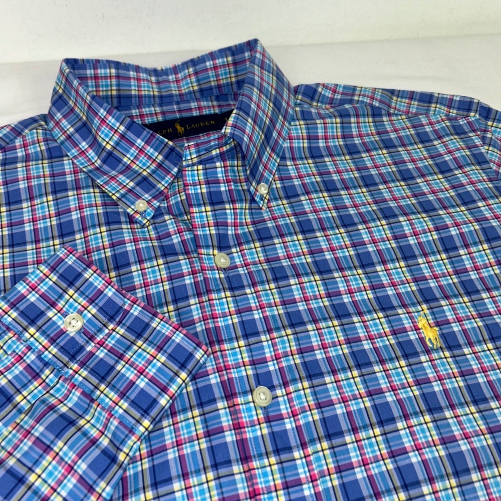 Ralph Lauren Blue Plaid Button Down Shirt Long Sleeve Classic Fit Yellow‎ Pony L